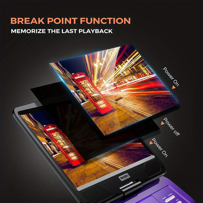 12.5-inch Portable DVD Player - 10.5-inch HD Swivel Screen, Dual Headphone Jacks, 5-Hour Battery, USB/SD/TV Sync, Car Mount, Purple