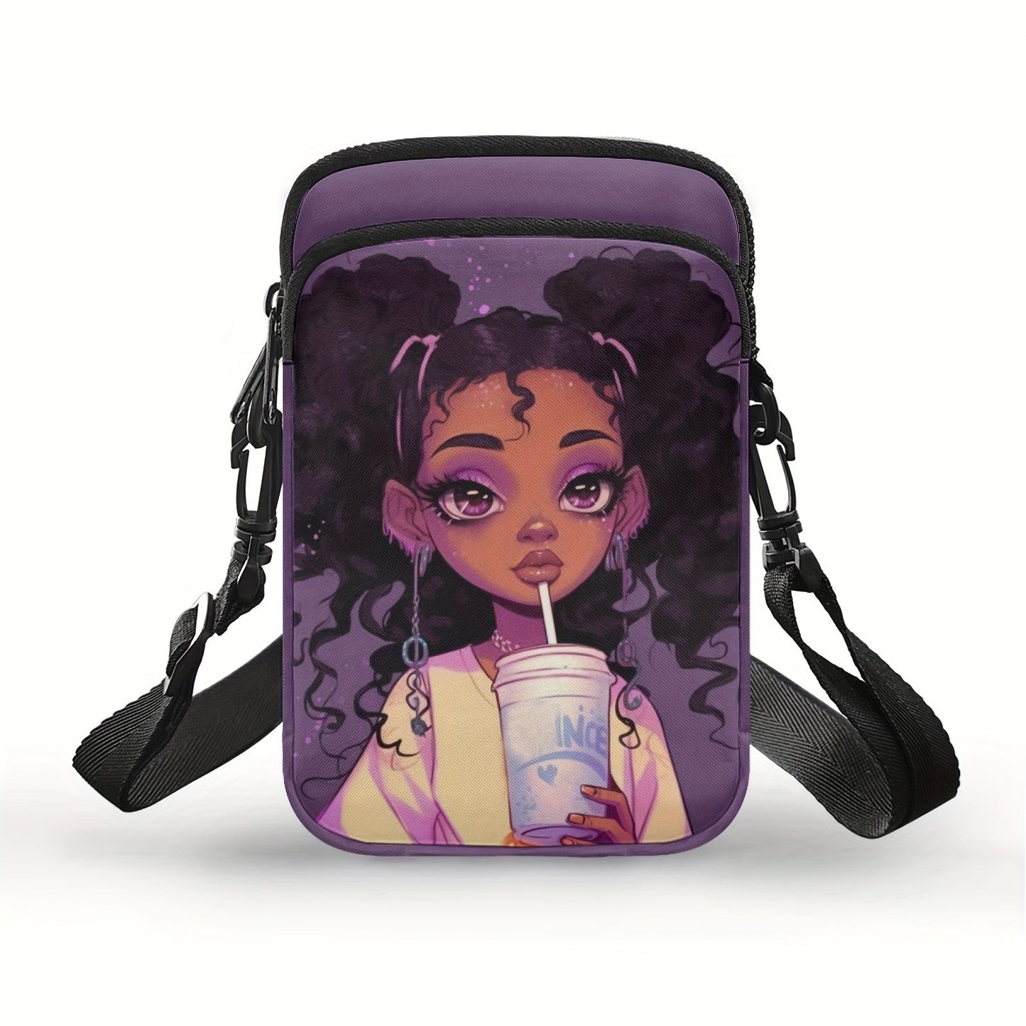 Chic African Girl Print Crossbody Bag - Trendy, Lightweight Double Layer with Adjustable Strap and Zip Closure for Daily Use