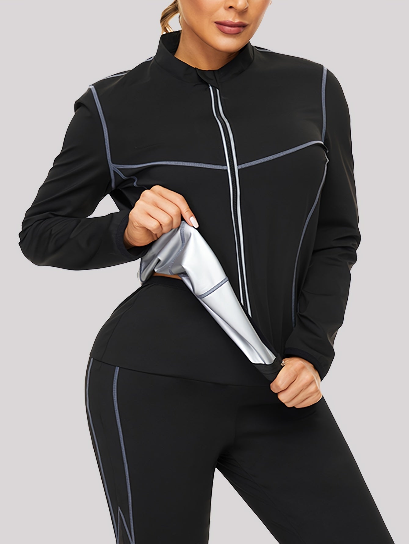 Women's Silver Coated Contrast Zip Sports Jacket - Sweat-Enhancing Long Sleeve Athletic Top for Gym and Fitness Wear