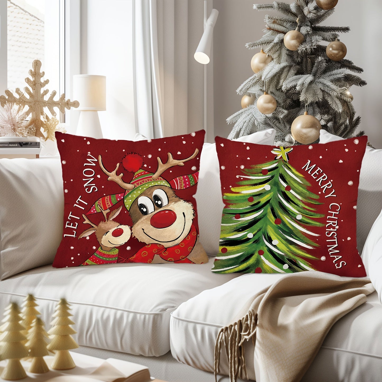 4pcs Merry Christmas Throw Pillow Covers - Cute Reindeer, Snowman & Xmas Tree Designs, Winter Holiday Farmhouse Decor, 18x18in Cushion Covers for Porch, Patio & Living Room