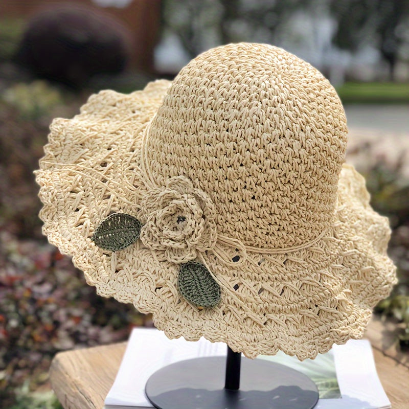 Hand-Crocheted Ruffled Straw Hat - Stylish Summer Beach, Hiking & Thanksgiving Hat