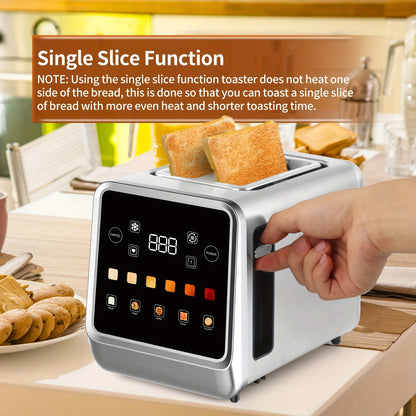 2-Slice Stainless Steel Toaster - Touch Screen Digital Timer, 6 Bread Types and Shade Settings, Bagel, Cancel, Defrost, Memory, 750W-1000W, US Plug