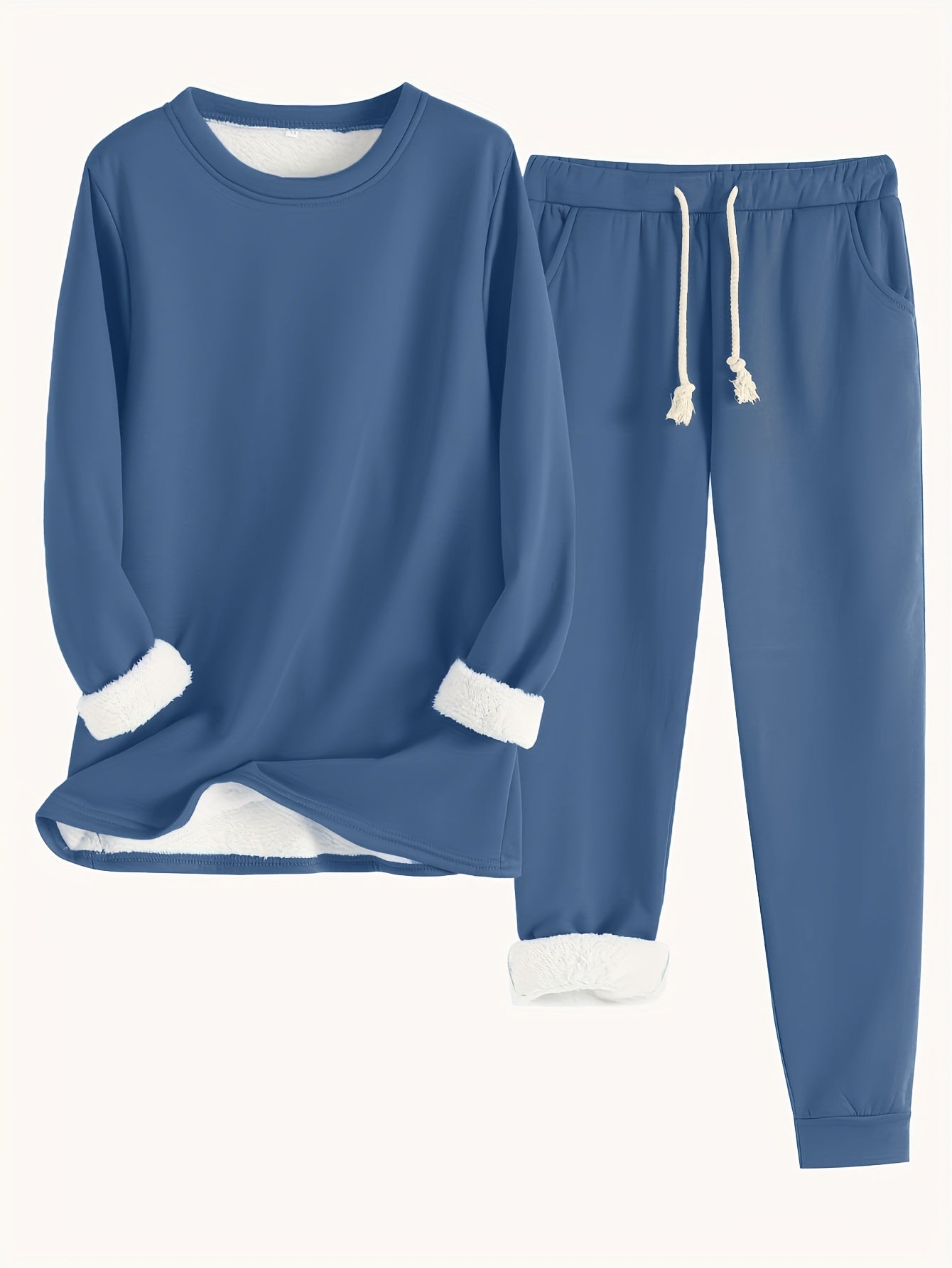 Women's Solid Color Thermal Set – Long Sleeve Sweatshirt & Drawstring Pants Outfit