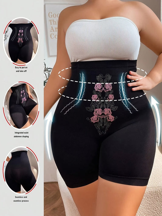 Women's Plus Size Elegant Shapewear Shorts - Floral Print High Waist Tummy Control Compression Slimming Shorts