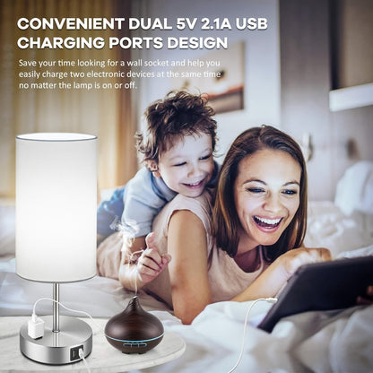 Set of 2 Touch Control Table Lamps with USB Ports and AC Outlet – 3 Way Dimmable Bedside Lamps with White Fabric Shade for Bedroom and Living Room, A19 LED Bulbs Included
