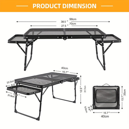 Portable Folding Camping Table with 2 Wing Panels – Height Adjustable, Mesh Desktop, Ideal for Picnic, BBQ, Camping & Beach