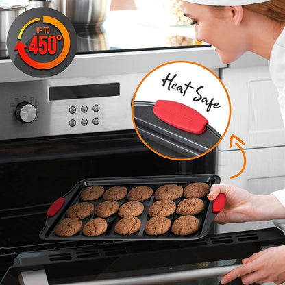 3 Pack Oven Baking Tray - Carbon Steel Non-Stick Kitchen Trays with Red Silicone Handles - Luxurious, Commercial-Grade Quality