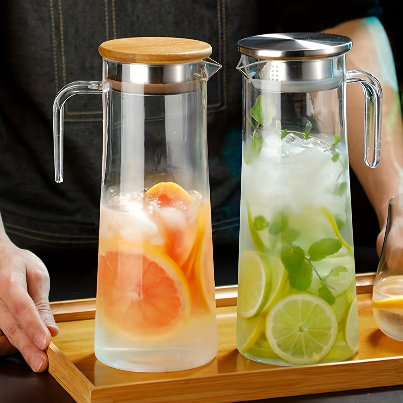 Water Pitcher with Lid – 37.1oz/54.1oz Heavy Duty Drink Pitcher – Stainless Steel or Wooden Lid – Ideal for Juice, Bubble Tea, Summer Drinks – Kitchen and Home