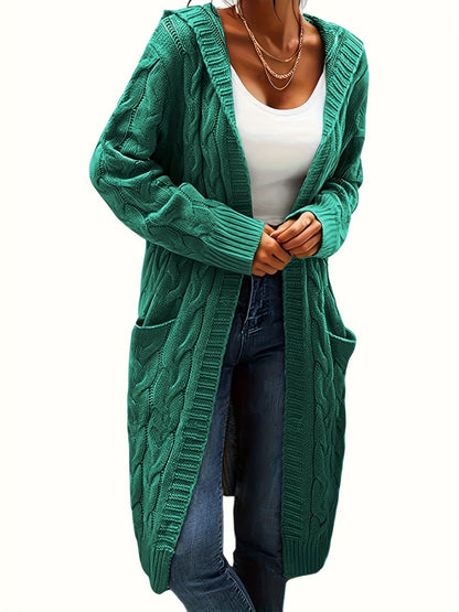 Solid Open Front Cable Knit Hooded Cardigan – Casual Long Sleeve Mid-Length Sweater with Pocket for Women