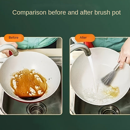 Stainless Steel Pot Brush - Long Handle Multipurpose Kitchen Scrub Brush for Pots, Pans, and Countertops - Durable Dishwashing Cleaning Tool (1pc/2pcs)