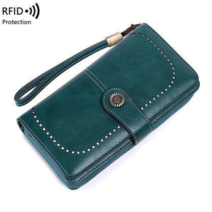 RFID Large Capacity Women's Wallet - Retro Style, Multi-Card, Solid Color with Zipper and Wrist Strap
