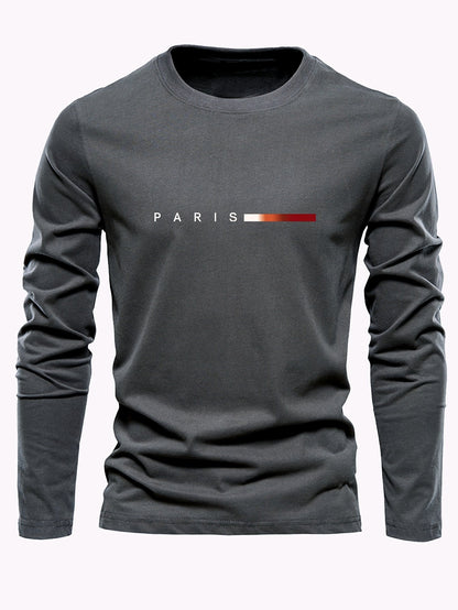 Men's 3-Pack 100% Cotton Long Sleeve T-Shirts - Casual Crew Neck with Paris Applique, Breathable Letter Print Tops for Spring/Fall