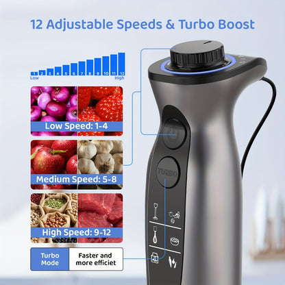 1000W Immersion Blender – Handheld, Powerful, Scratch-Resistant, Variable Speed and Turbo Mode, Low-Noise, Includes Beaker, Chopper, Whisk, Milk Frother