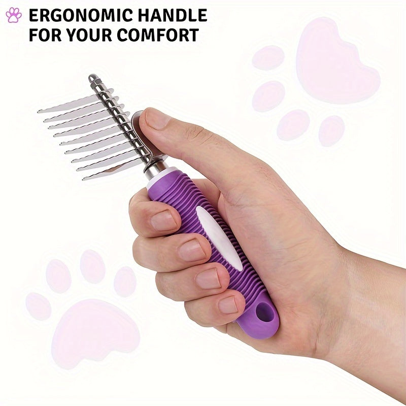 Pet Dematting Rake Comb Brush - Detangle Matted Undercoat for Dogs with Steel Safety Blades