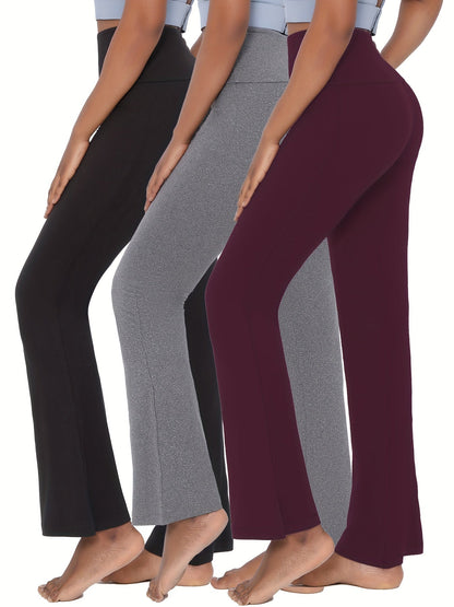 3 Pack Women's High-Waisted Flare Pants with Tummy Control – Soft Yoga, Workout & Running Bell Bottoms