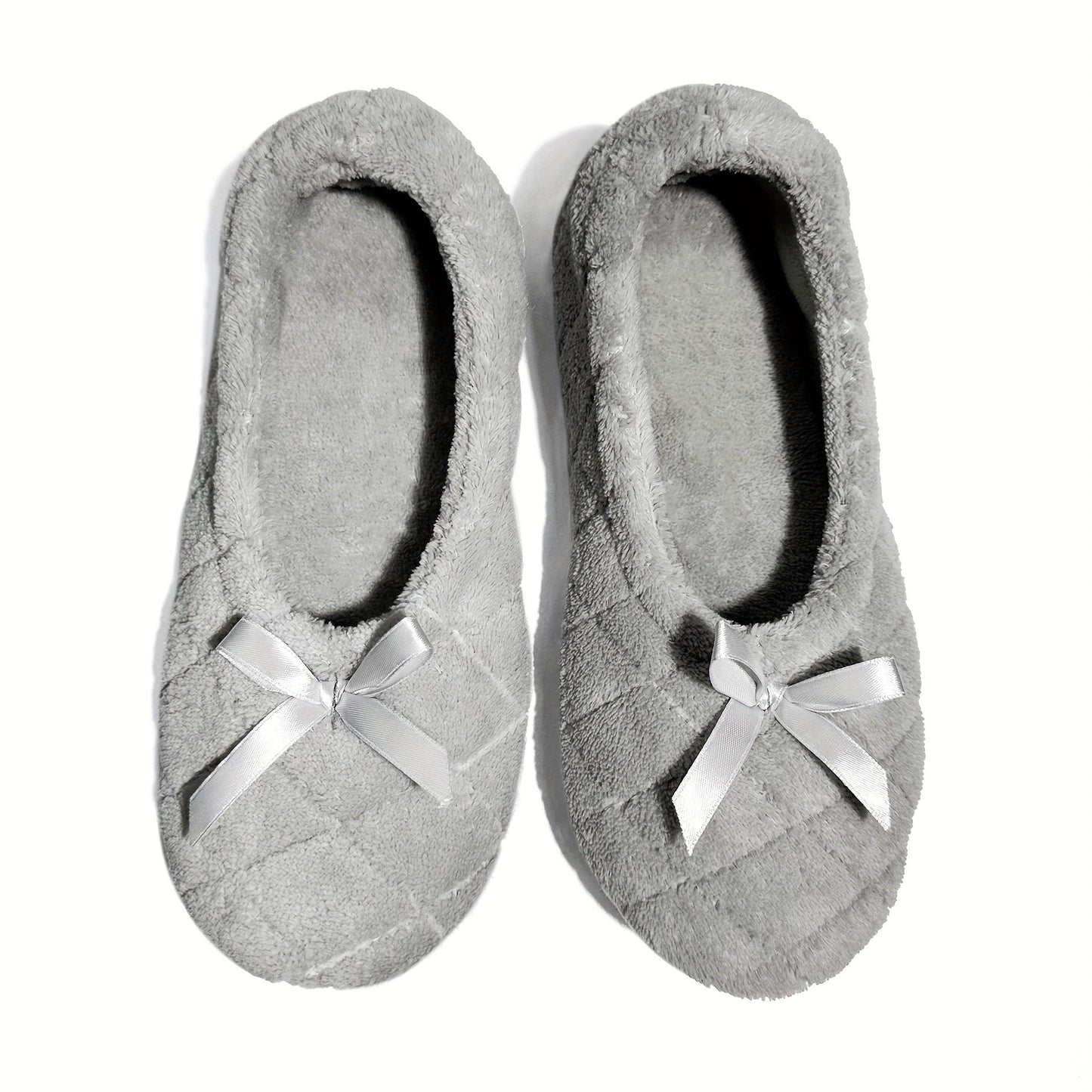 Elegant Women's Ballerina Slippers - Soft Quilted Terrycloth with Satin Bowknot, Lightweight Indoor Shoes in Grey