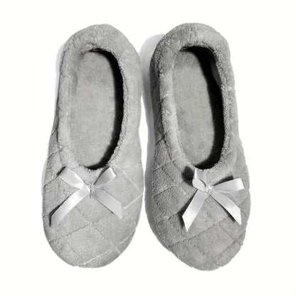 Elegant Women's Ballerina Slippers - Soft Quilted Terrycloth with Satin Bowknot, Lightweight Indoor Shoes in Grey