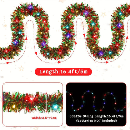 Dingion 16 Ft Christmas Tinsel Garland with LED Lights – Metallic Shiny Hanging Decorations for Indoor and Outdoor Xmas Party ( Batteries Not Included )