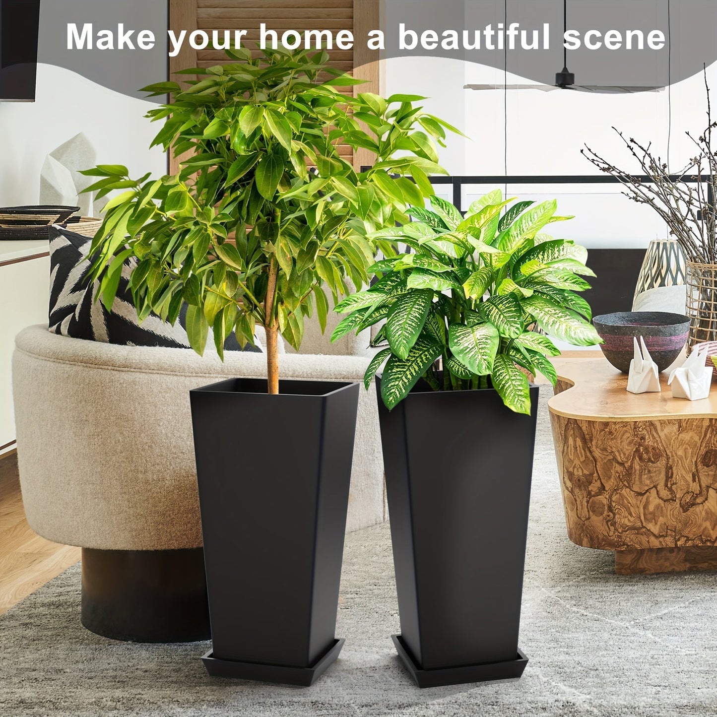 2pcs 24 Inch Outdoor Planters – Tall V-Shape Garden Flower Pots – Large Indoor & Outdoor Planters – Black
