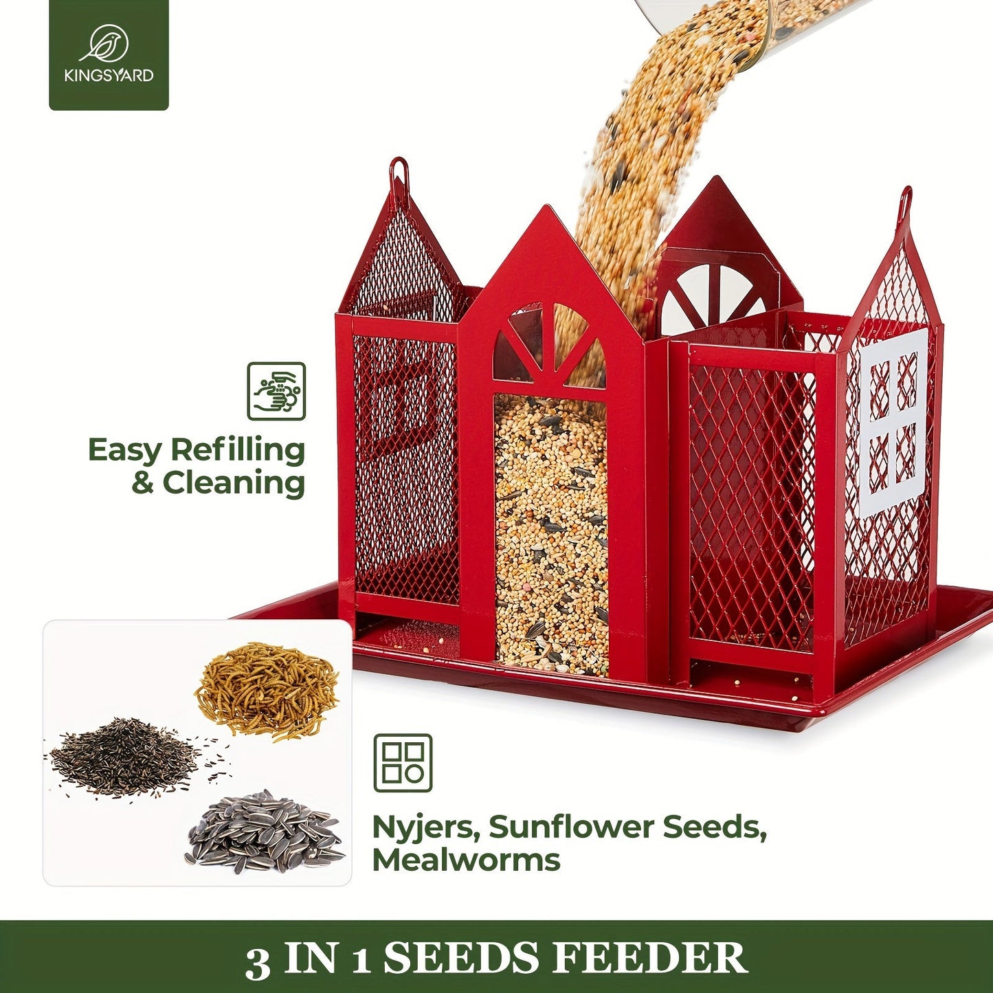 Kingsyard Metal Bird Feeder House – Weatherproof Wild Bird Feeder with Triple Feeders for Finch, Cardinal & Chickadee, Large Capacity