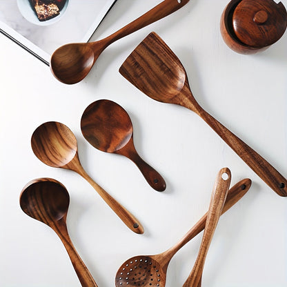 7pcs Premium Teak Wooden Cooking Spoons Set - Ergonomic Non-Stick Spatula with Soft Grip Handle - Perfect for Back to School, Kitchen Essentials, and Culinary Arts