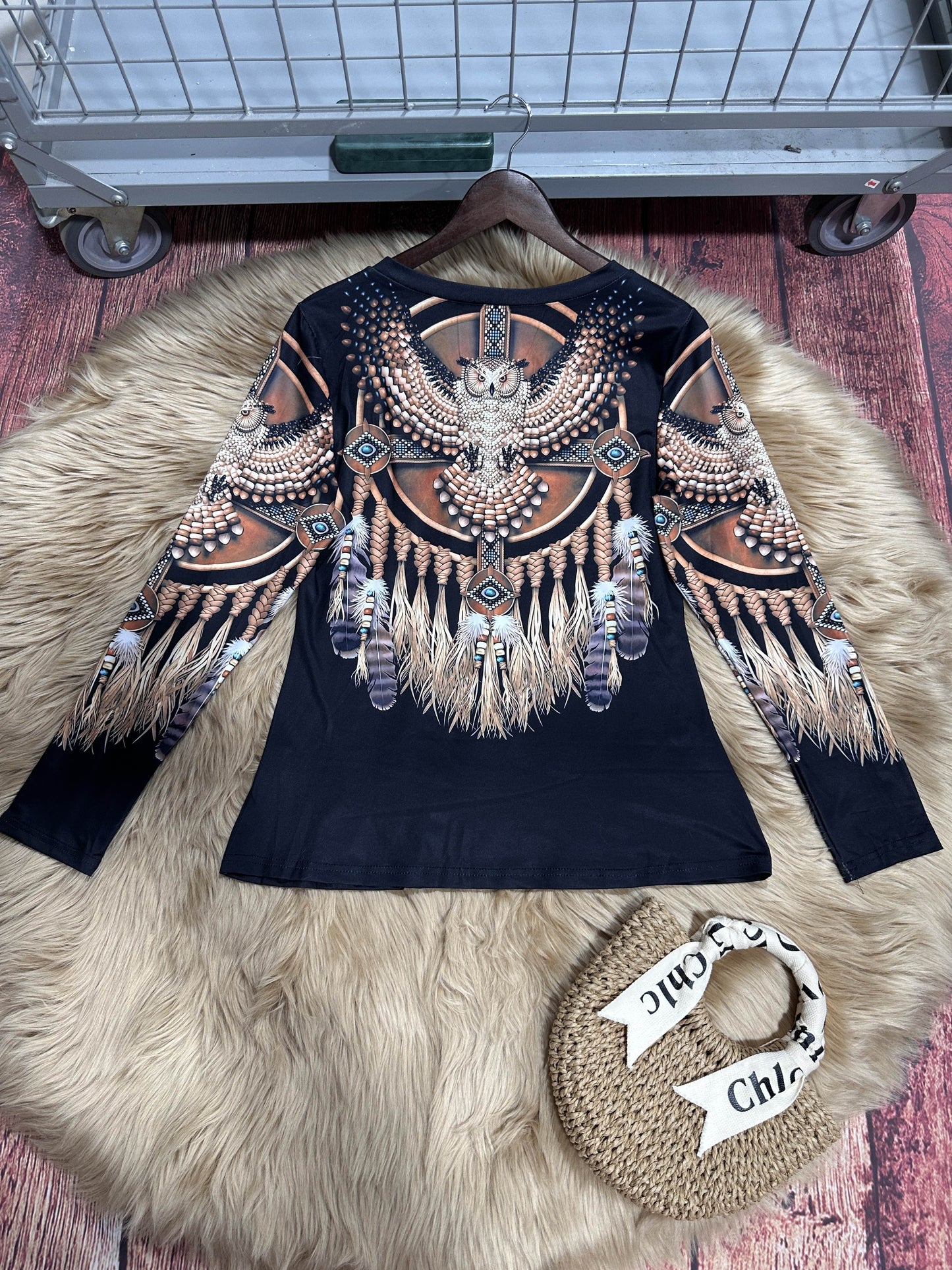 Tribal Print V-Neck T-Shirt - Casual Long Sleeve Top for Spring & Fall, Women's Clothing