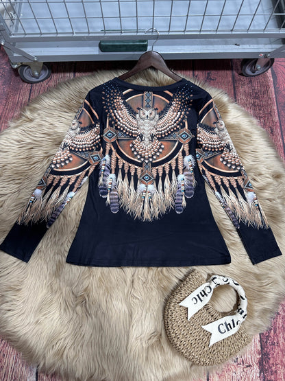 Tribal Print V-Neck T-Shirt - Casual Long Sleeve Top for Spring & Fall, Women's Clothing