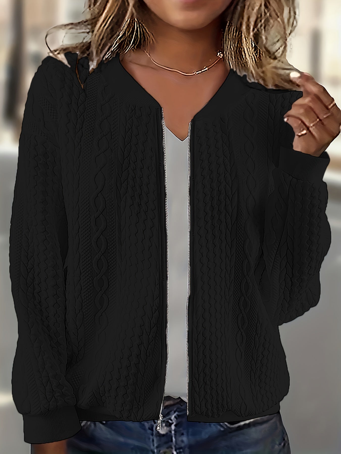 Textured Zip-Up Bomber Jacket - Casual Solid Long Sleeve Outerwear, Women's Clothing