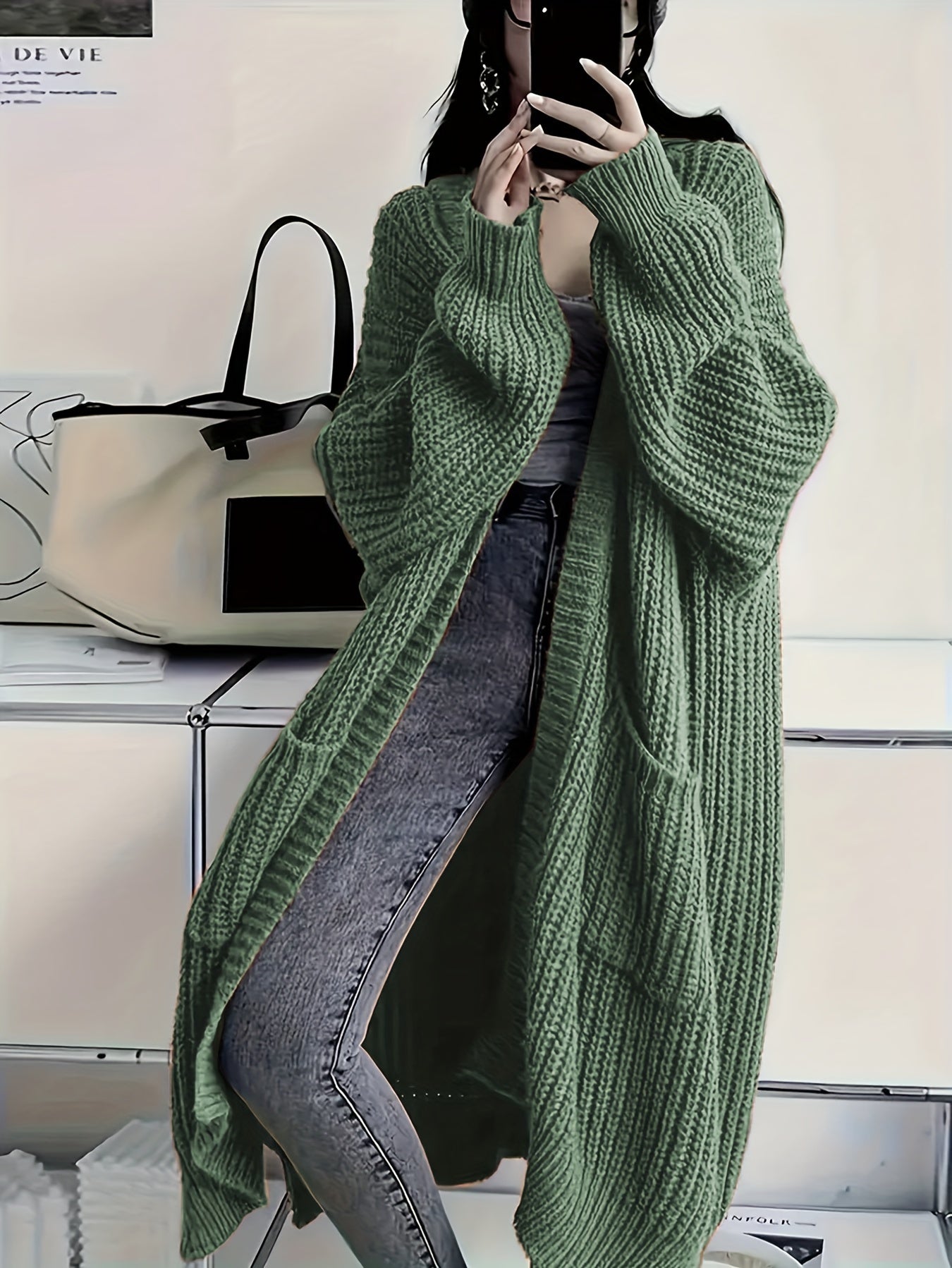 Plus Size Open Front Knit Cardigan - Long Sleeve, Casual Loose Fit with Pockets, Women's Clothing