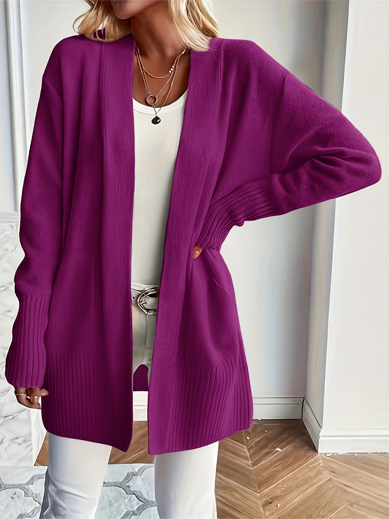 Solid Open Front Knit Cardigan - Casual Long Sleeve Loose Sweater with Pockets, Women's Clothing