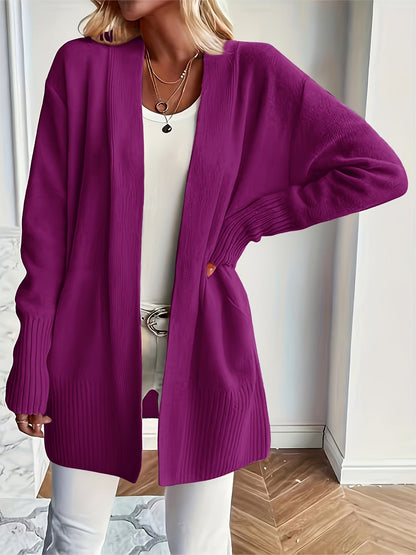 Solid Open Front Knit Cardigan - Casual Long Sleeve Loose Sweater with Pockets, Women's Clothing