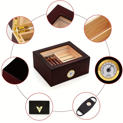 Cigar Humidor for 30-50 Cigars - Cigar Box with Hygrometer and Humidifier for Optimal Storage