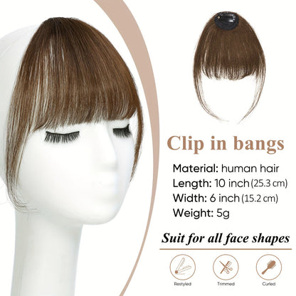 Clip-In Human Hair Bangs - Wispy Fake Fringe with Temples, Curved Hairpieces for Women, Daily Wear Clip-On Bangs