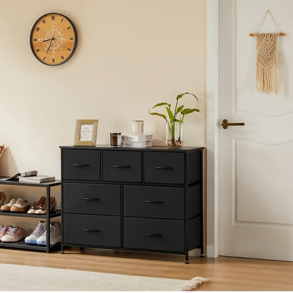 7-Drawer Fabric Storage Tower – Bedroom Dresser with Wooden Top for TV up to 45 inches, Chest of Drawers for Kids' Room, Closet, Entryway, Nursery