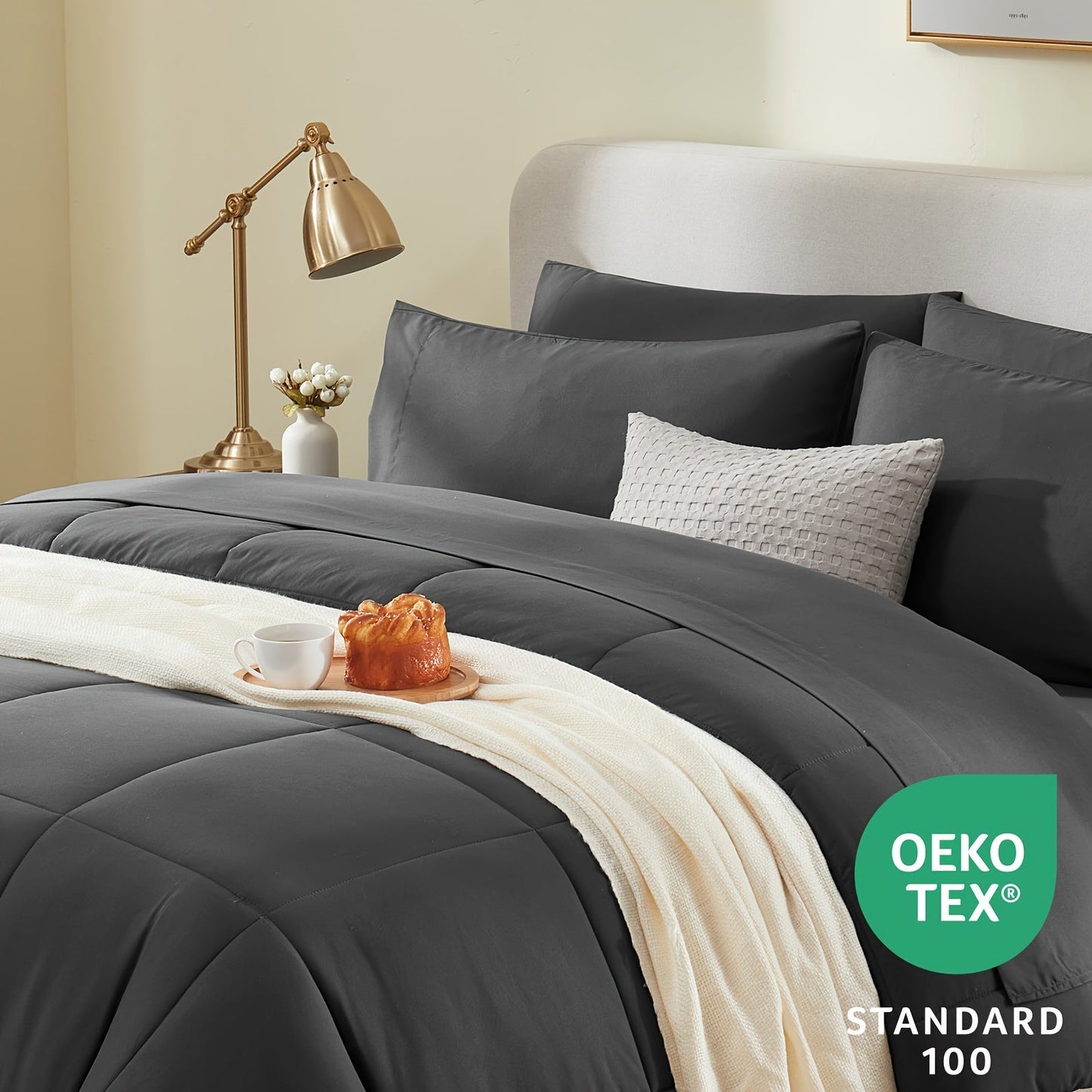 7 Pcs Bed In A Bag - Bedding Set with All Season Quilted Comforter, Flat Sheet, Fitted Sheet, Pillowcases - Black, Queen