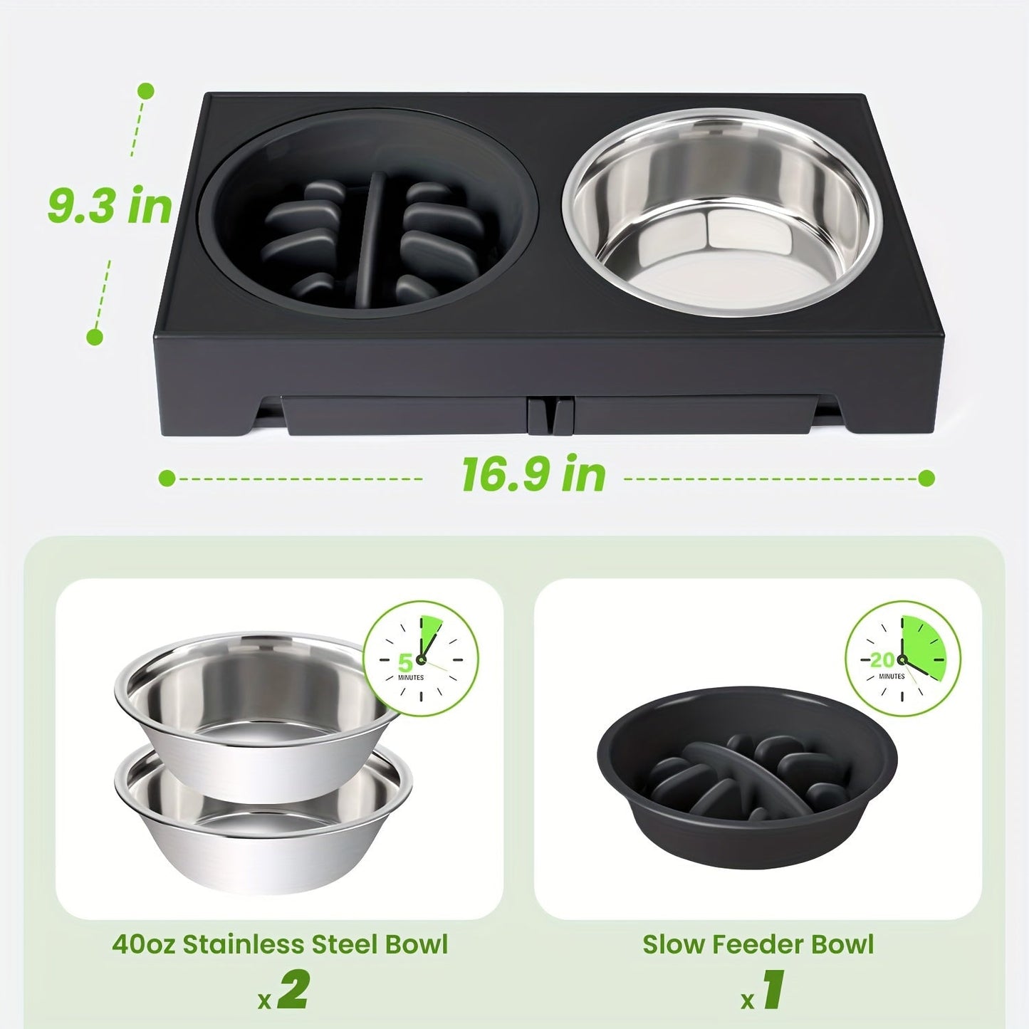 Elevated Dog Bowls with 5 Adjustable Heights – Raised Stand with 2 Stainless Steel Bowls and 1 Slow Feeder, Adjusts from 3.2" to 12.2" for Small, Medium, and Large Dogs
