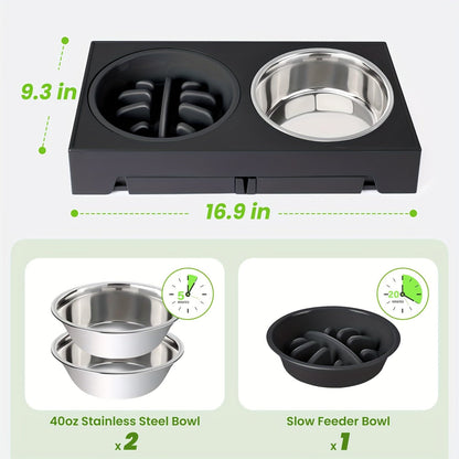 Elevated Dog Bowls with 5 Adjustable Heights – Raised Stand with 2 Stainless Steel Bowls and 1 Slow Feeder, Adjusts from 3.2" to 12.2" for Small, Medium, and Large Dogs