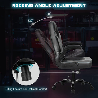 Ergonomic Gaming Chair – PU Leather Home Office Desk Chair with Lumbar Support, Height Adjustable, Big and Tall with Flip-Up Armrests and Swivel Wheels for Adults and Teens
