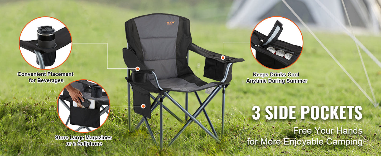 Camping Folding Chair — Portable Padded Armchair with Lumbar Support & Side Pockets for Beach, Lawn, Picnic