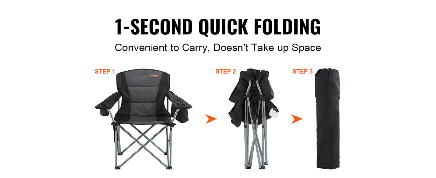 Camping Folding Chair — Portable Padded Armchair with Lumbar Support & Side Pockets for Beach, Lawn, Picnic