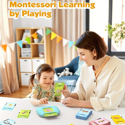 Interactive Montessori Flash Card Toy for Ages 0-3 – Talking Educational Playset with 112 Double-Sided Vocabulary Cards, Bilingual Language Activity for Toddler Sensory Learning, Perfect Kids Gift