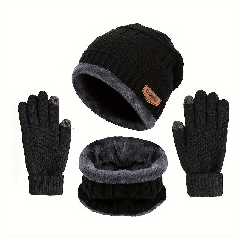 3 Pcs Knit Hat, Neck Warmer and Gloves Set - Thermal Letter Patched Cuff Beanie, Fleece Scarf, and Full Finger Winter Gloves for Men and Women