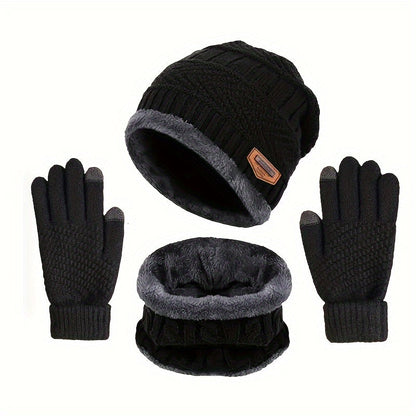 3 Pcs Knit Hat, Neck Warmer and Gloves Set - Thermal Letter Patched Cuff Beanie, Fleece Scarf, and Full Finger Winter Gloves for Men and Women
