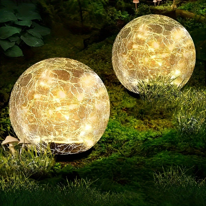 2pc Garden Light Set – Cracked Solar Glass Globe LED, Waterproof Outdoor Decorative Lights for Patio, Lawn, and Garden