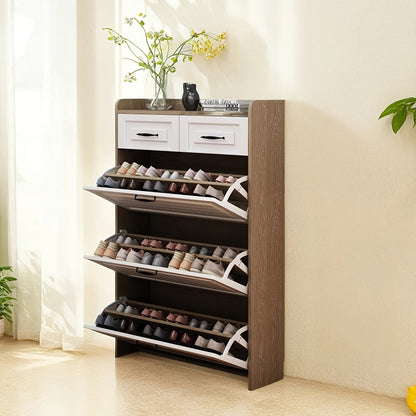 Narrow Shoe Cabinet Set – 3 Doors and 2 Drawers, Wooden Hallway Shoe Rack, White Flip-Style, Ideal for Corridors and Apartments