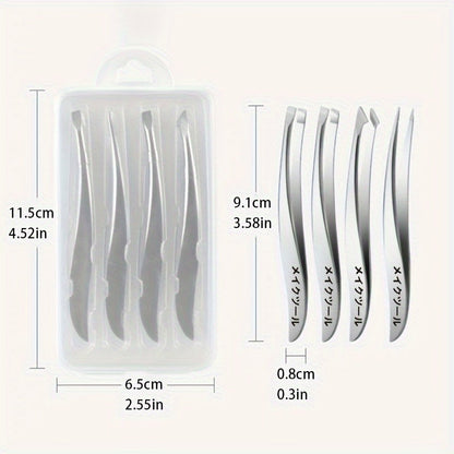 Japanese Banana Tweezer Set - 4-Piece Stainless Steel Precision Tweezers for Eyelash, Eyebrow, and Ingrown Hair Removal