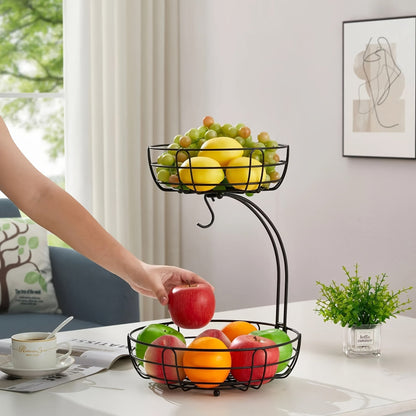 2 Tier Fruit Basket Bowl with Banana Hangers – Metal Wire Vegetable Storage Stand for Kitchen Counter, Fruits Organizer
