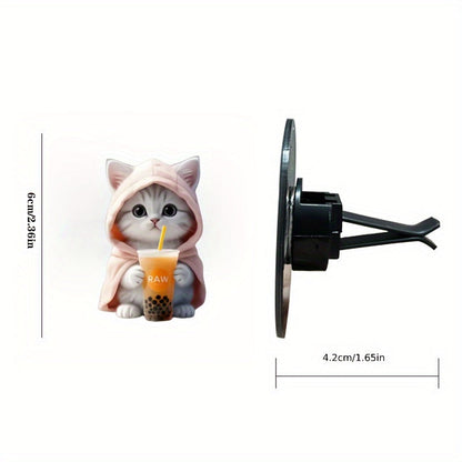 2-Pack Hoodie Cat and Boba Tea Acrylic Vent Clips - Decorative Air Fresheners for Car A/C Outlets with Scent Tablets, Aesthetic Vehicle Accessories for Interior Decor