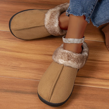 Fluffy Solid Color Cozy Slippers - Soft Sole Flat Closed Toe Plush Lined Winter Non-Slip Home Warm Shoes