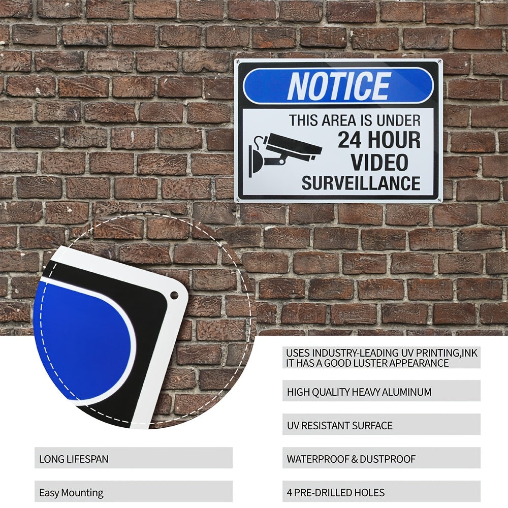 4pcs 24-Hour Video Surveillance Warning Signs - 10"x14" Rust-Free Aluminum, UV-Printed, Durable Weatherproof with Pre-Drilled Holes for Home & Office